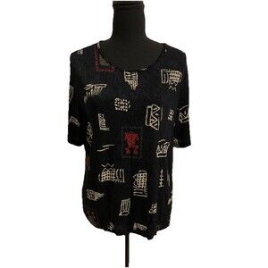 Chicos Travelers Size 2 Top Womens Large L Asian Slinky Stretch Travel Artsy